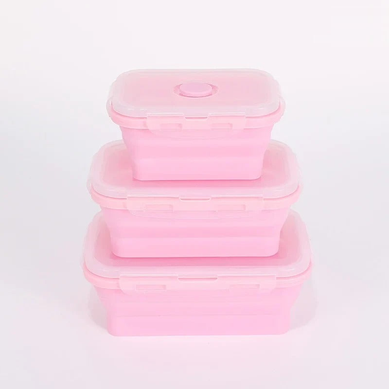 Set of 3 collapsible silicone food containers, pink