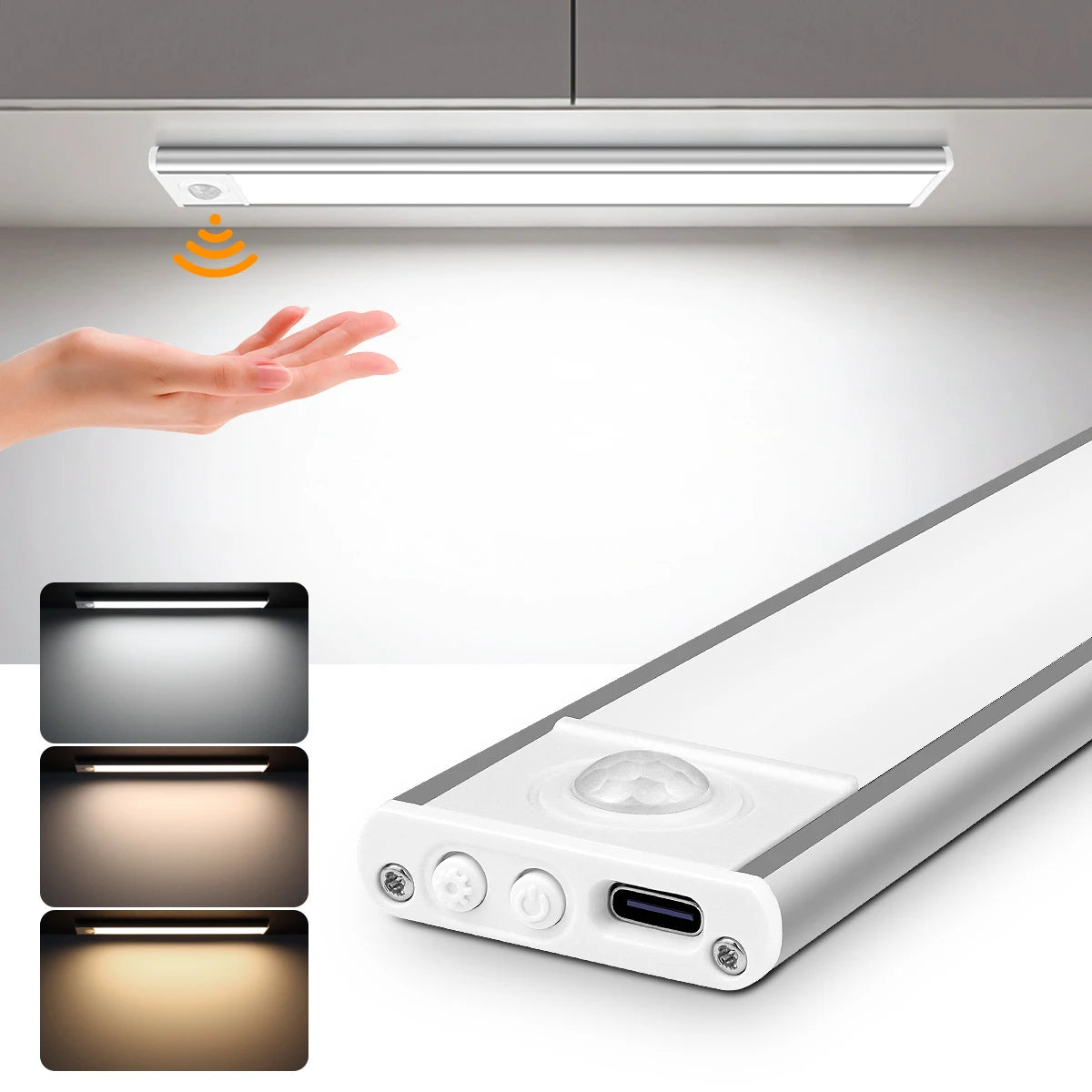 Motion-Sensor Cabinet Light under a cabinet, lighting up as a hand reaches in