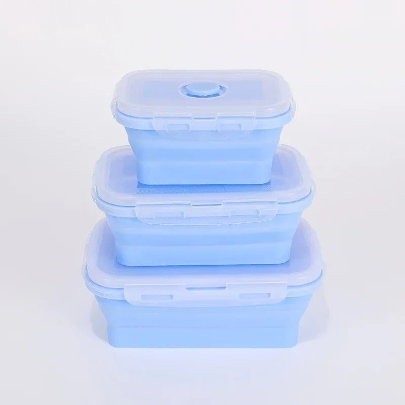 Set of 3 collapsible silicone food containers, blue
