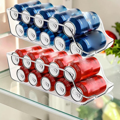 Self-Rolling Fridge Can Organizer filled with cans on a fridge shelf