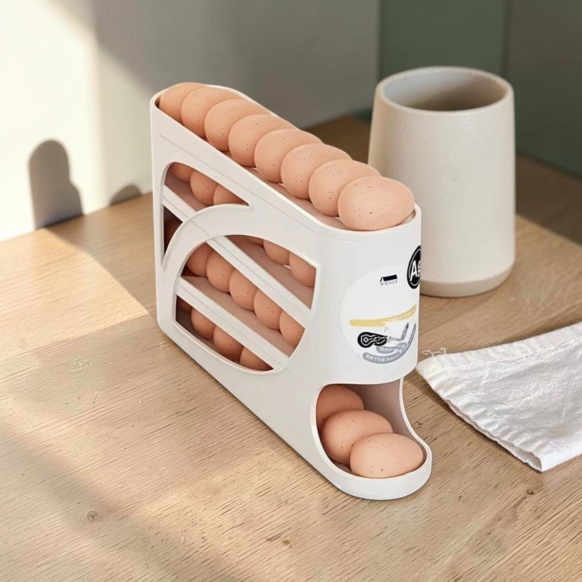 Rolling Egg Dispenser filled with eggs on a light oak kitchen counter