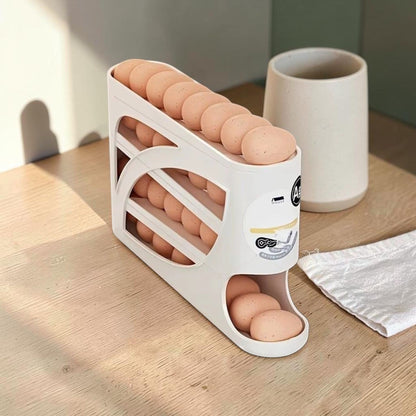 Rolling Egg Dispenser filled with eggs on a light oak kitchen counter