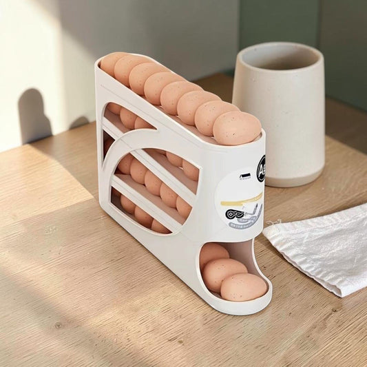 Rolling Egg Dispenser filled with eggs on a light oak kitchen counter