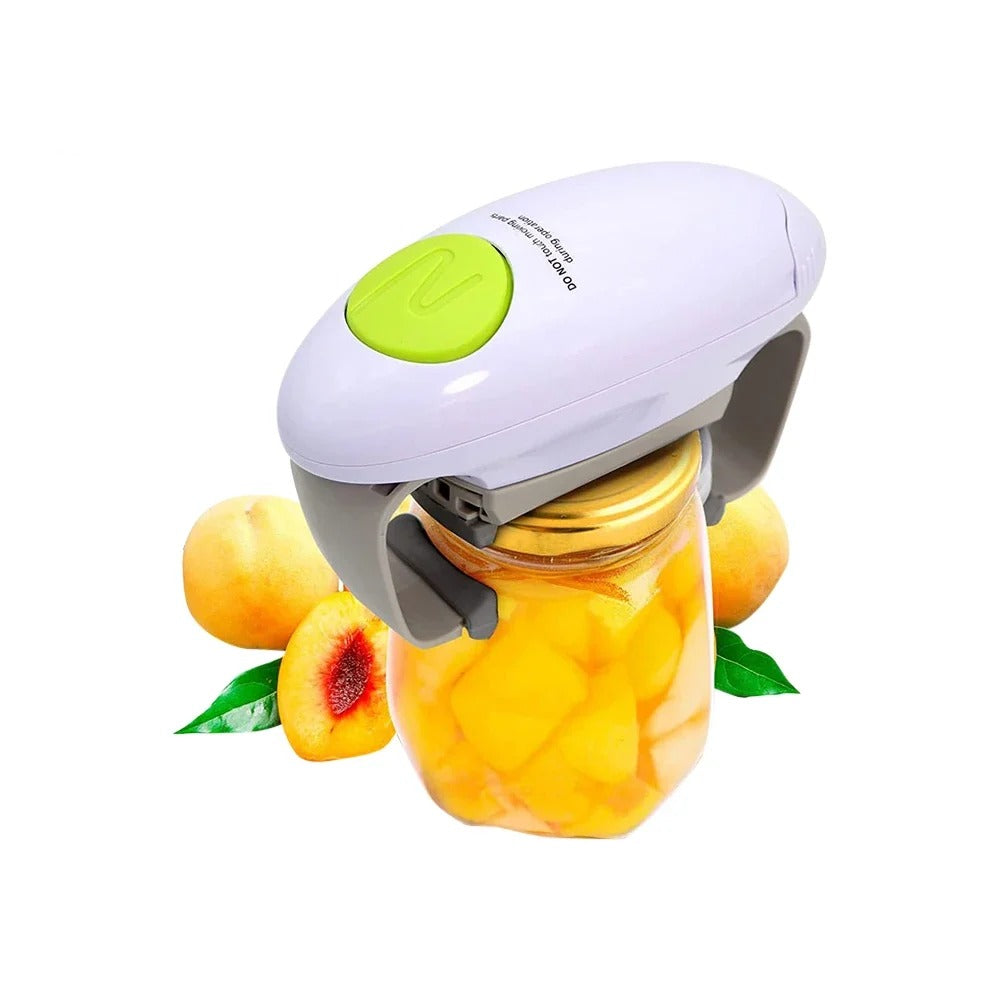 Hands-free electric jar opener gripping a jar lid
