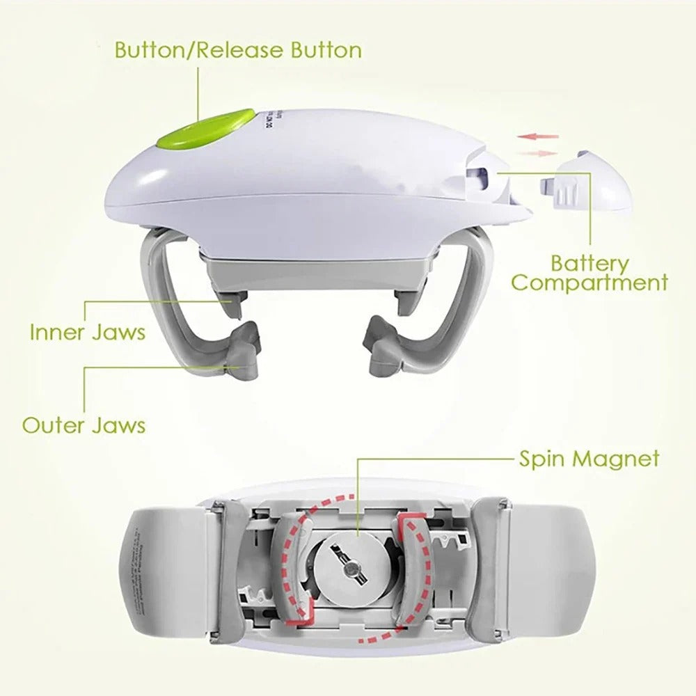 Jar opener parts: start button, jaws and battery compartment