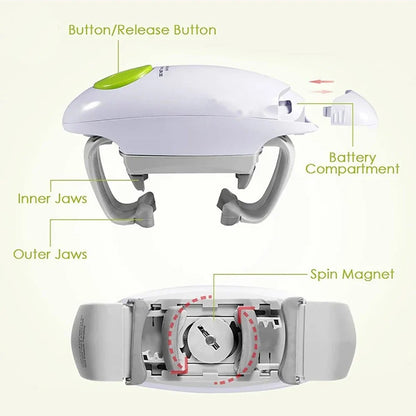 Jar opener parts: start button, jaws and battery compartment