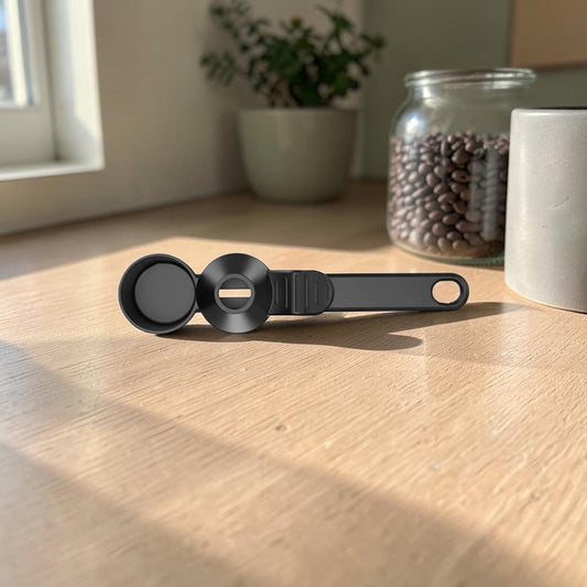 No-Spill Funnel Scoop on a light oak kitchen counter