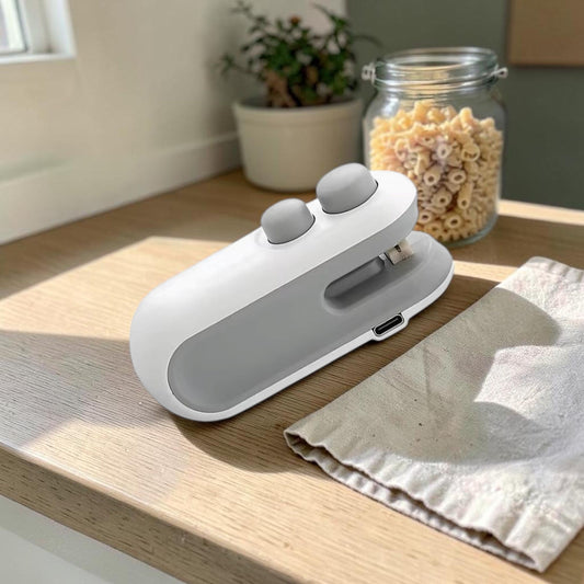 Magnetic Mini Bag Sealer on a light oak kitchen counter
