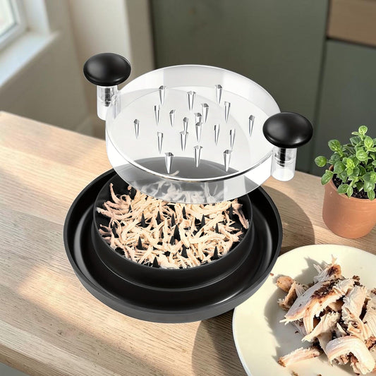 Chicken shredder bowl with clear spiked lid on a kitchen counter next to a plate of shredded chicken